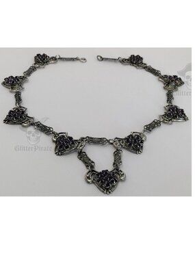 30g Antique Art Nouveau Sterling Silver & Amethyst Glass Gothic Panel Necklace